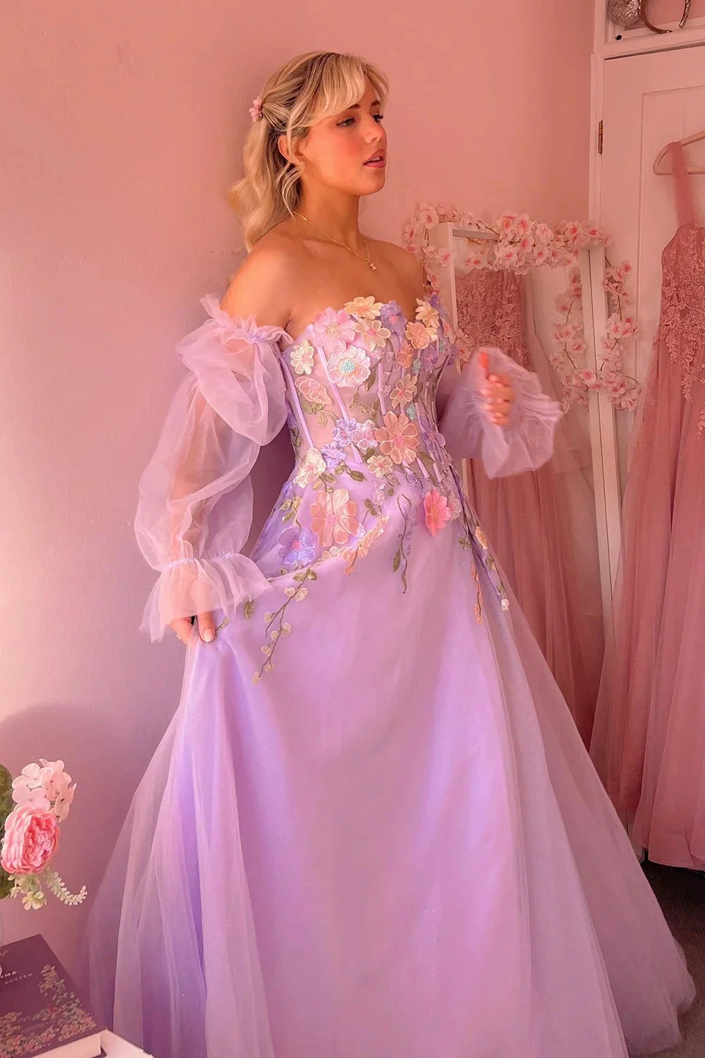 Kylena | Lavender A-Line Strapless Tulle Prom Dress with 3D Flowers by KissProm