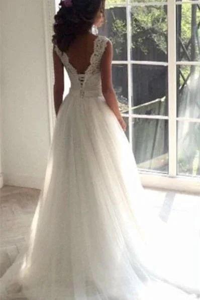 Lace A-line Simple Sleeveless Sash Open-Back Wedding Dresses by misshow.com
