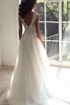 Lace A-line Simple Sleeveless Sash Open-Back Wedding Dresses by misshow.com