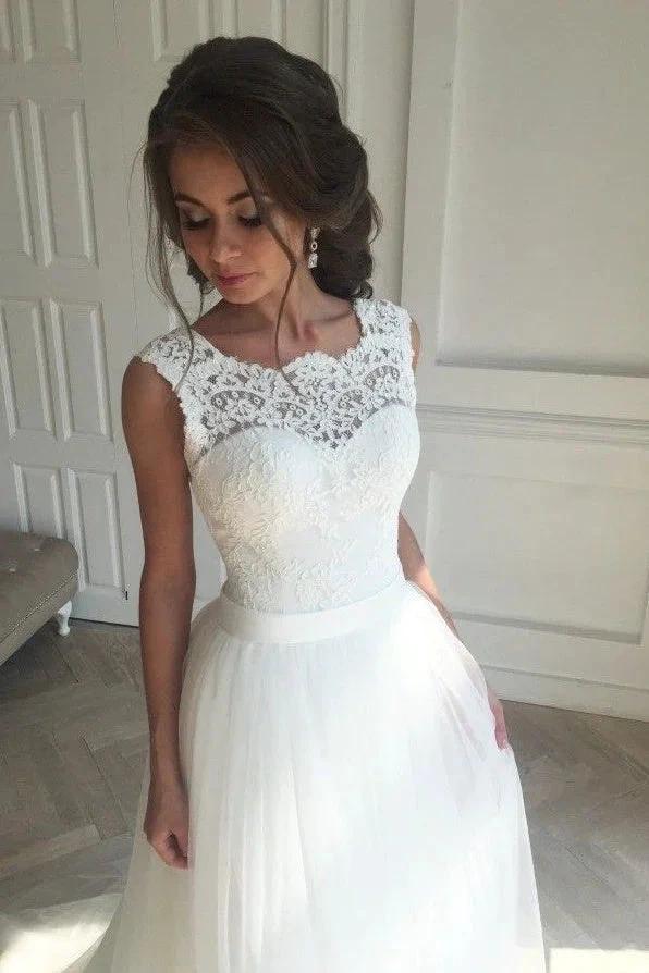 Lace A-line Simple Sleeveless Sash Open-Back Wedding Dresses by misshow.com