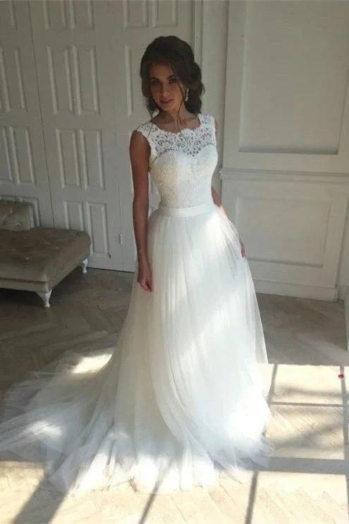 Lace A-line Simple Sleeveless Sash Open-Back Wedding Dresses by misshow.com