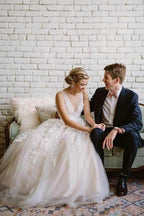 Lace Applique Ivory Wedding Dresses V Neck Beach Wedding Dress WD292 by pgmdress