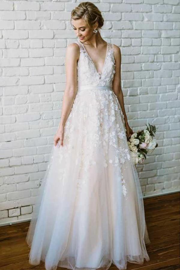 Lace Applique Ivory Wedding Dresses V Neck Beach Wedding Dress WD292 by pgmdress