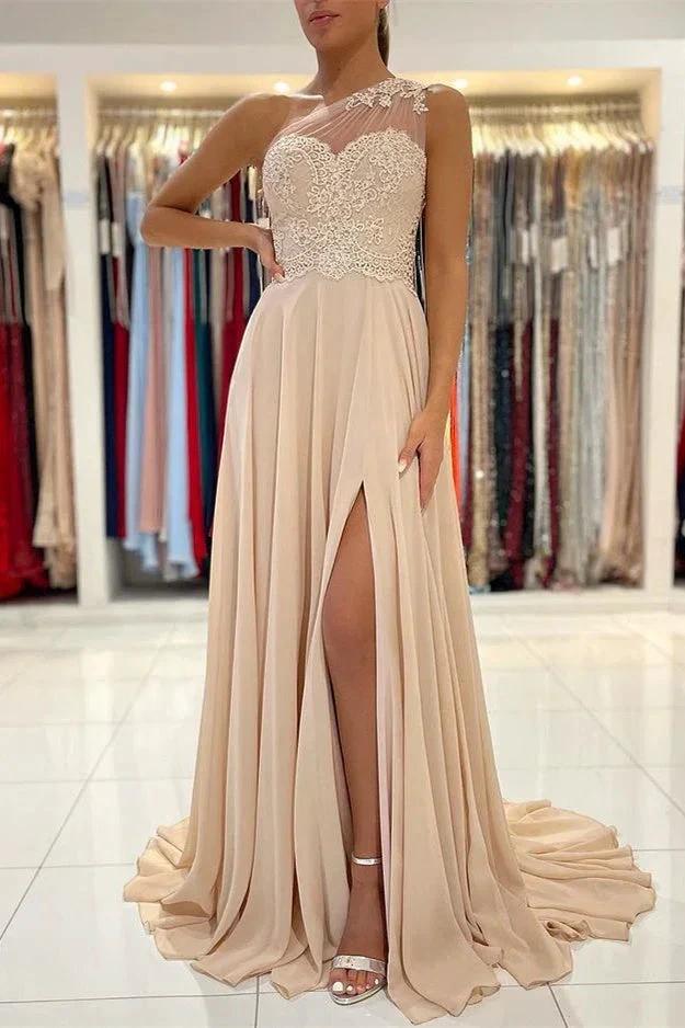 Lace Appliques A-Line Sleeveless One-Shoulder Simple Prom Dress by misshow.com