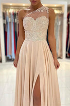 Lace Appliques A-Line Sleeveless One-Shoulder Simple Prom Dress by misshow.com
