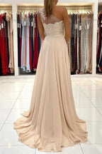 Lace Appliques A-Line Sleeveless One-Shoulder Simple Prom Dress by misshow.com