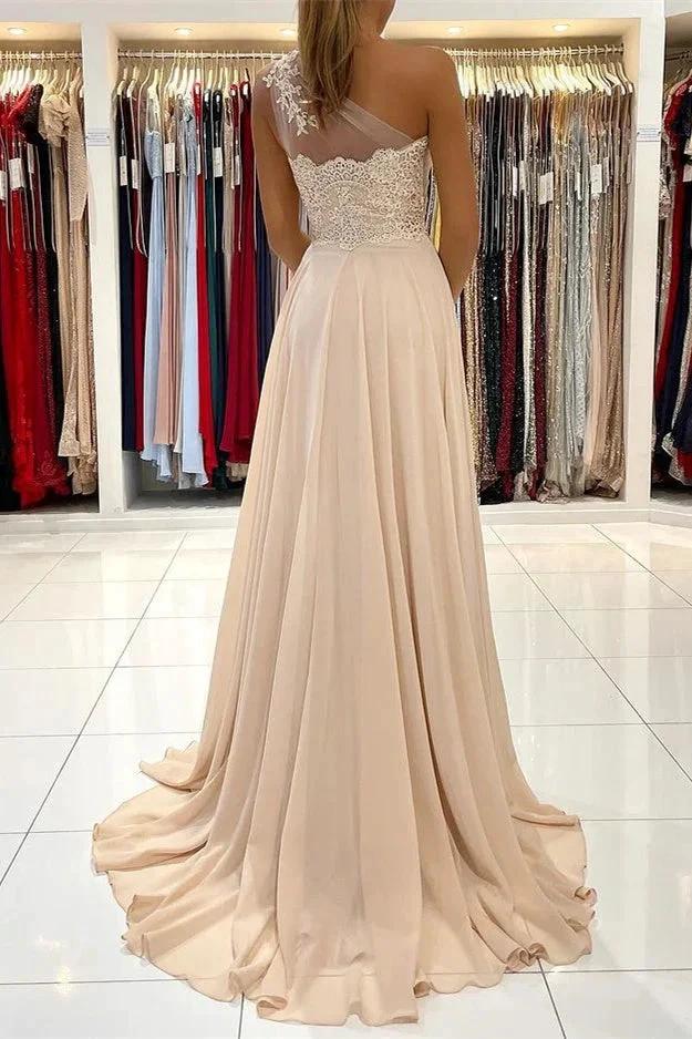 Lace Appliques A-Line Sleeveless One-Shoulder Simple Prom Dress by misshow.com
