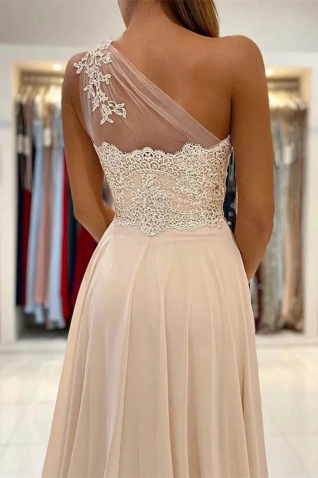Lace Appliques A-Line Sleeveless One-Shoulder Simple Prom Dress by misshow.com