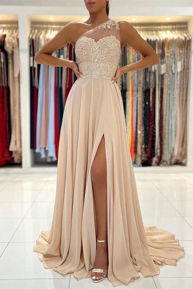 Lace Appliques A-Line Sleeveless One-Shoulder Simple Prom Dress by misshow.com