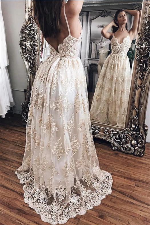 Lace Appliques Elegant V-Neck Prom Dress Tiered Backless Sleeveless Evening Dress by misshow.com