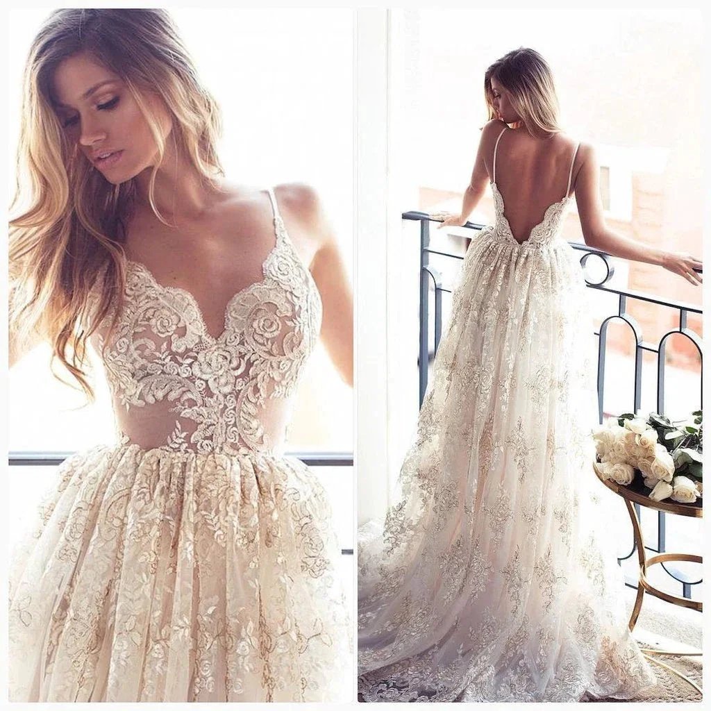 Lace Appliques Elegant V-Neck Prom Dress Tiered Backless Sleeveless Evening Dress by misshow.com