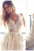 Lace Appliques Elegant V-Neck Prom Dress Tiered Backless Sleeveless Evening Dress by misshow.com