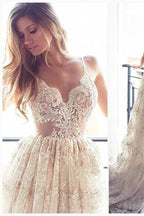 Lace Appliques Elegant V-Neck Prom Dress Tiered Backless Sleeveless Evening Dress by misshow.com