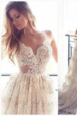 Lace Appliques Elegant V-Neck Prom Dress Tiered Backless Sleeveless Evening Dress by misshow.com