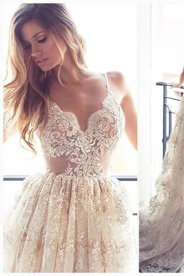 Lace Appliques Elegant V-Neck Prom Dress Tiered Backless Sleeveless Evening Dress by misshow.com