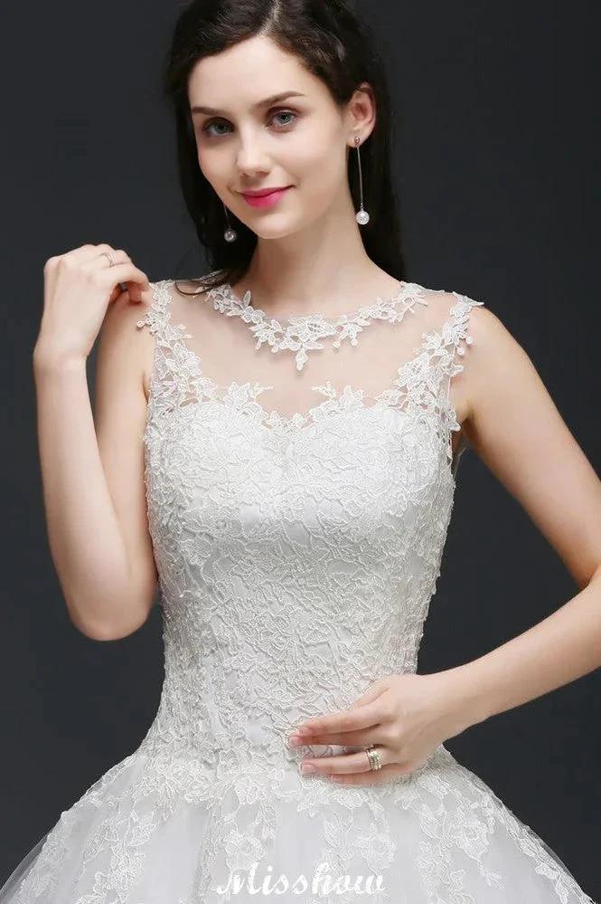 Lace Appliques Scoop Tulle Wedding Dress by misshow.com