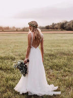 Lace Bodice Tulle Skirt Backless Bridal Gown Minimalist Wedding Dresses WD439 by pgmdress