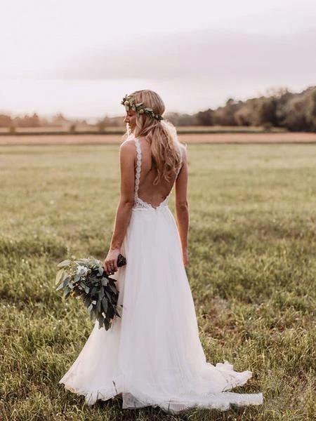 Lace Bodice Tulle Skirt Backless Bridal Gown Minimalist Wedding Dresses WD439 by pgmdress