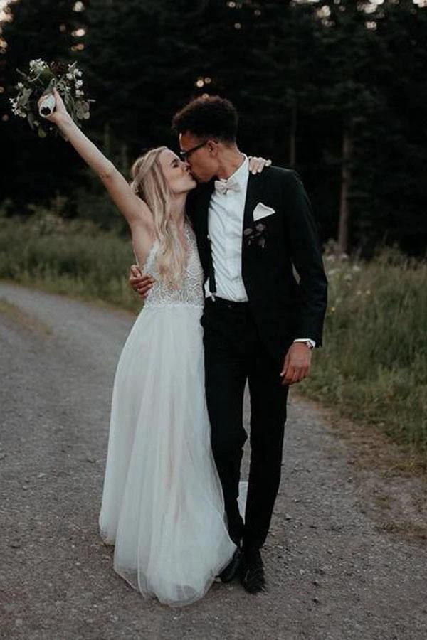 Lace Bodice Tulle Skirt Backless Bridal Gown Minimalist Wedding Dresses WD439 by pgmdress