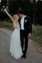 Lace Bodice Tulle Skirt Backless Bridal Gown Minimalist Wedding Dresses WD439 by pgmdress
