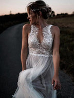 Lace Bodice Tulle Skirt Backless Bridal Gown Minimalist Wedding Dresses WD439 by pgmdress