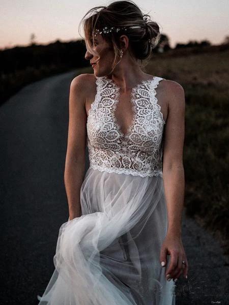 Lace Bodice Tulle Skirt Backless Bridal Gown Minimalist Wedding Dresses WD439 by pgmdress