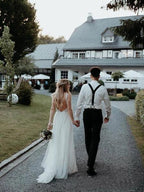 Lace Bodice Tulle Skirt Backless Bridal Gown Minimalist Wedding Dresses WD439 by pgmdress