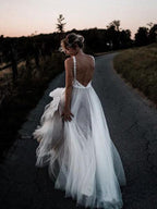 Lace Bodice Tulle Skirt Backless Bridal Gown Minimalist Wedding Dresses WD439 by pgmdress
