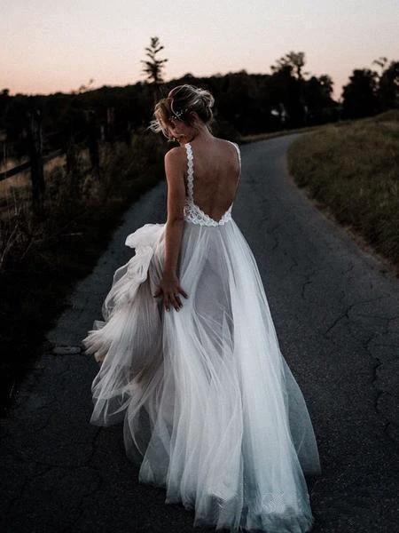 Lace Bodice Tulle Skirt Backless Bridal Gown Minimalist Wedding Dresses WD439 by pgmdress