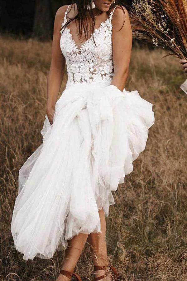 Lace Bodice V Neck Bridal Dresses Ivory Backless A Line Wedding Dresses WD468 by pgmdress