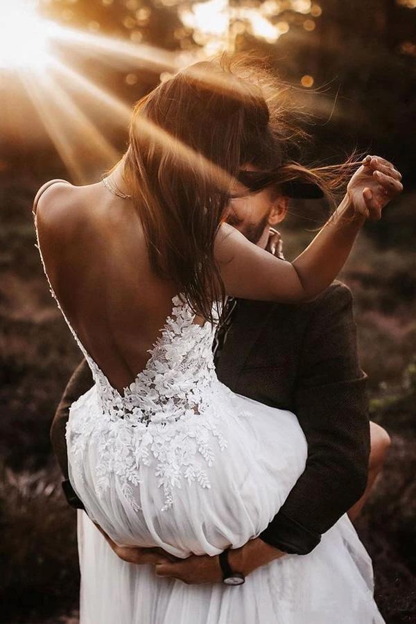 Lace Bodice V Neck Bridal Dresses Ivory Backless A Line Wedding Dresses WD468 by pgmdress