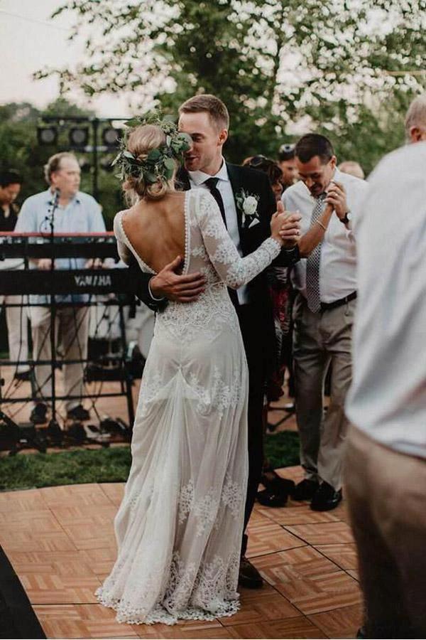 Lace Long Sleeve Backless Boho Wedding Gowns Rustic Wedding Dress WD515 by pgmdress