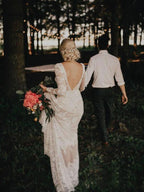 Lace Long Sleeve Backless Boho Wedding Gowns Rustic Wedding Dress WD515 by pgmdress