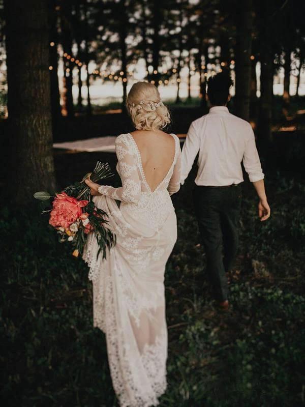 Lace Long Sleeve Backless Boho Wedding Gowns Rustic Wedding Dress WD515 by pgmdress