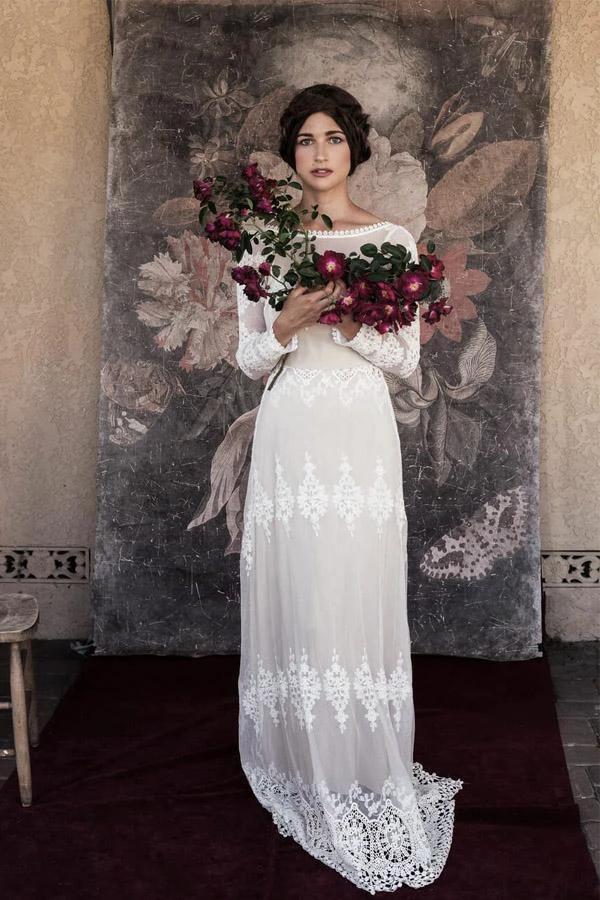 Lace Long Sleeve Backless Boho Wedding Gowns Rustic Wedding Dress WD515 by pgmdress