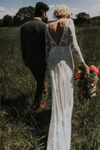 Lace Long Sleeve Backless Boho Wedding Gowns Rustic Wedding Dress WD515 by pgmdress