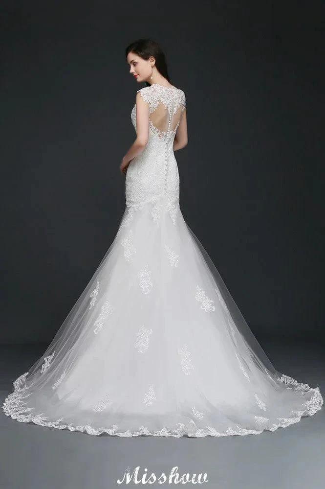 Lace Mermaid Jewel Elegant Wedding Dress by misshow.com