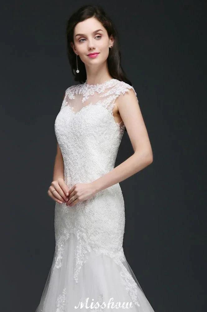 Lace Mermaid Jewel Elegant Wedding Dress by misshow.com