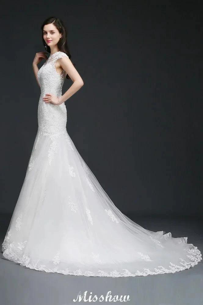 Lace Mermaid Jewel Elegant Wedding Dress by misshow.com