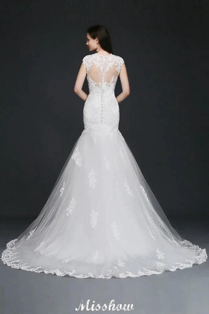 Lace Mermaid Jewel Elegant Wedding Dress by misshow.com