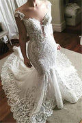 Lace Mermaid Wedding Dress Glamorous Sheer Tulle Bridal Wears with Buttons by misshow.com