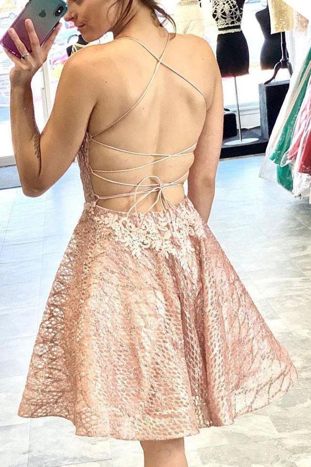 Lace Short Prom Dress Homecoming Dress with Criss Cross Back PD422 by pgmdress