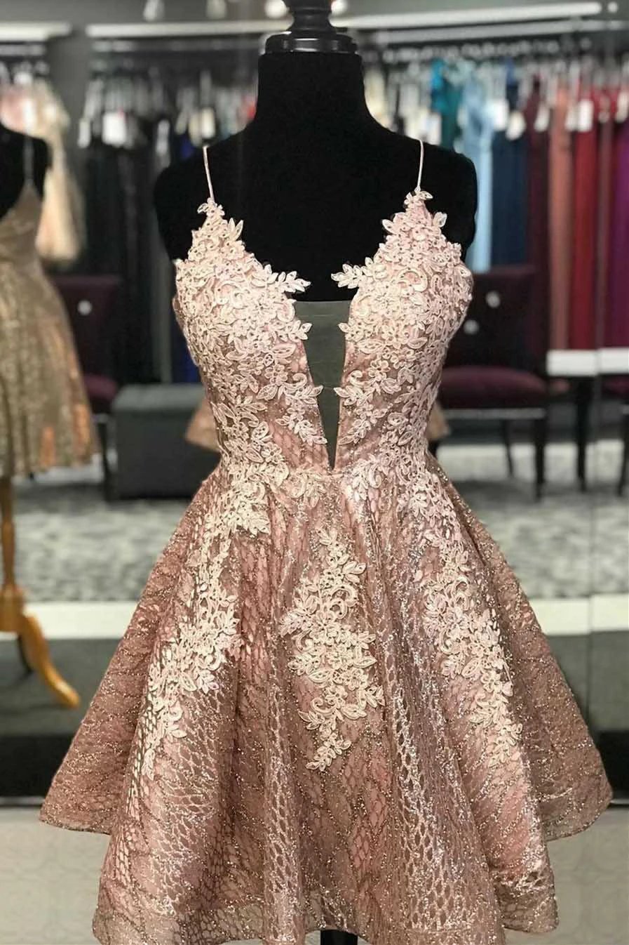 Lace Short Prom Dress Homecoming Dress with Criss Cross Back PD422 by pgmdress