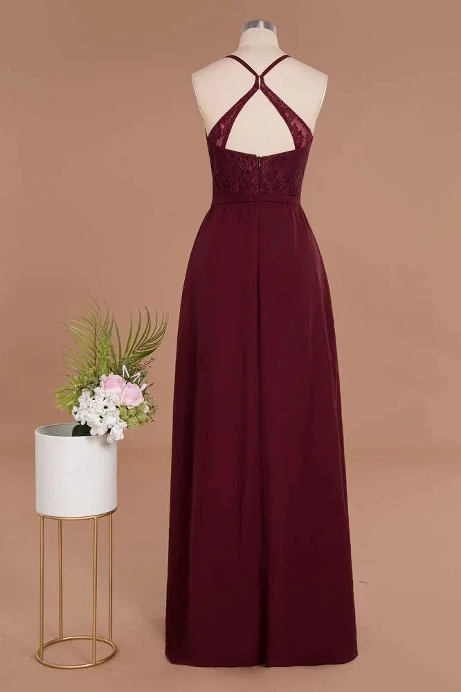 Lace Spaghetti Straps Prom Dresses | A-Line Sleeveless Side Split Evening Dresses by misshow.com