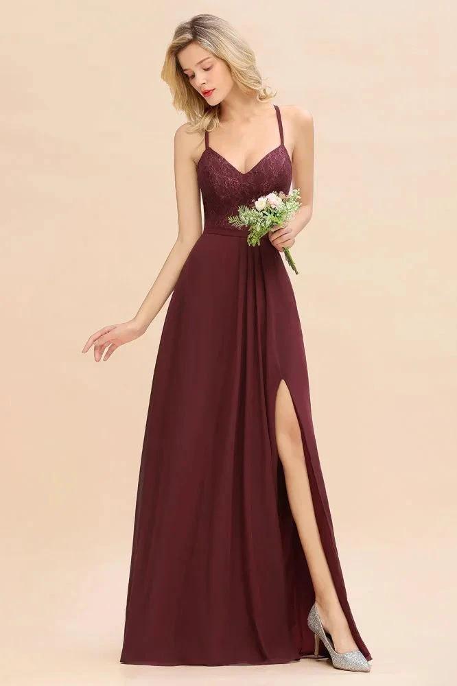 Lace Spaghetti Straps Prom Dresses | A-Line Sleeveless Side Split Evening Dresses by misshow.com