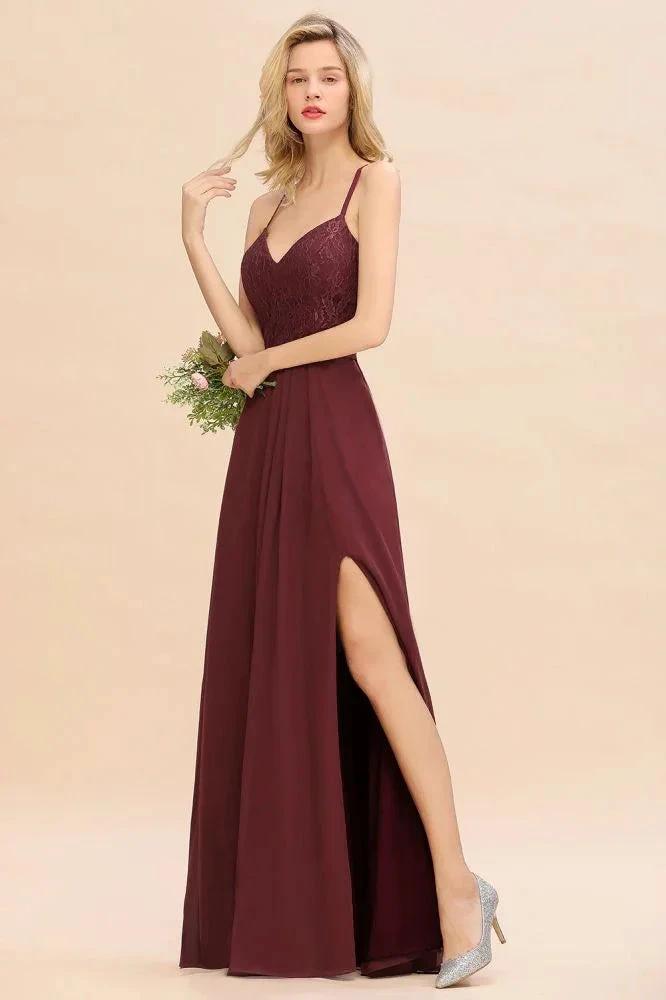 Lace Spaghetti Straps Prom Dresses | A-Line Sleeveless Side Split Evening Dresses by misshow.com