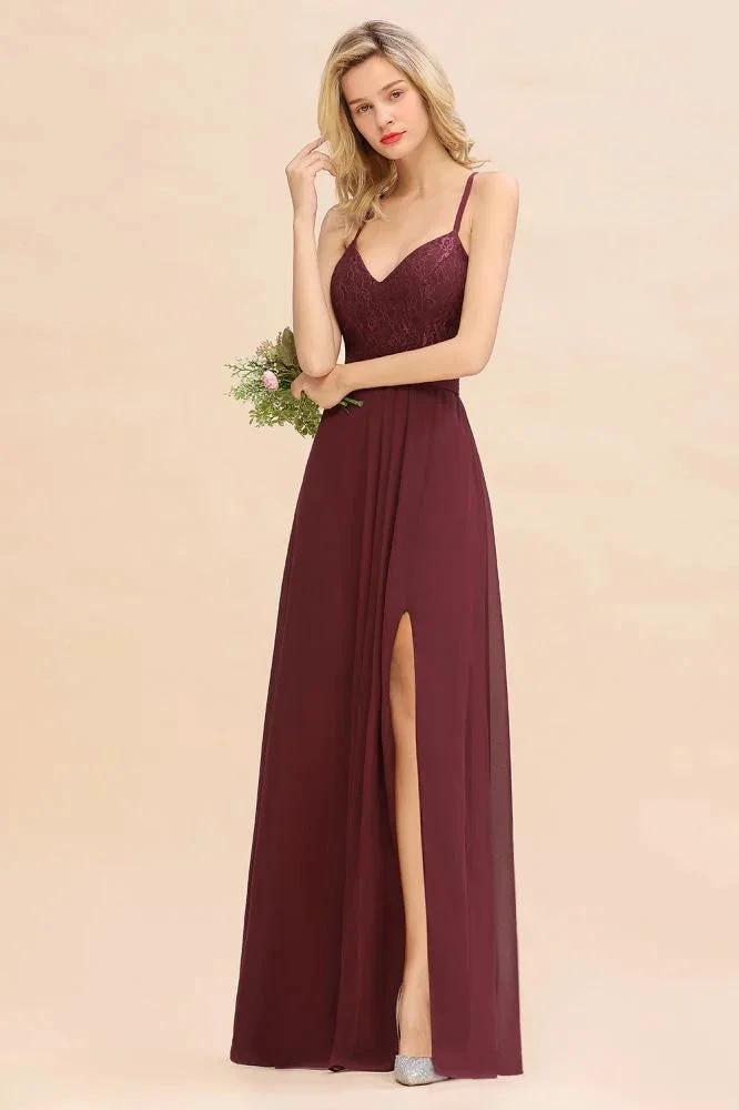 Lace Spaghetti Straps Prom Dresses | A-Line Sleeveless Side Split Evening Dresses by misshow.com