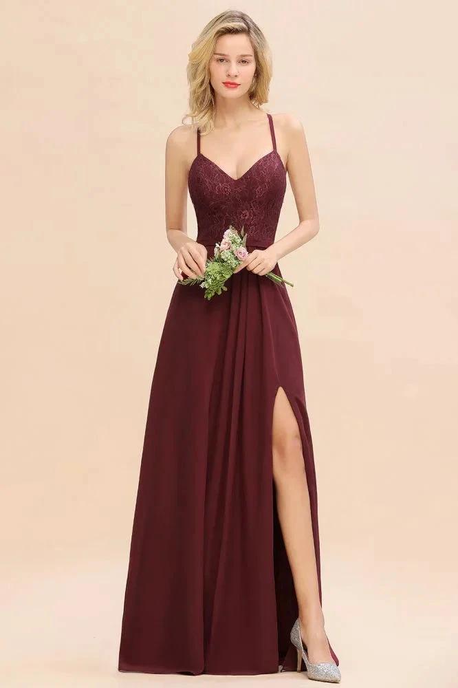Lace Spaghetti Straps Prom Dresses | A-Line Sleeveless Side Split Evening Dresses by misshow.com