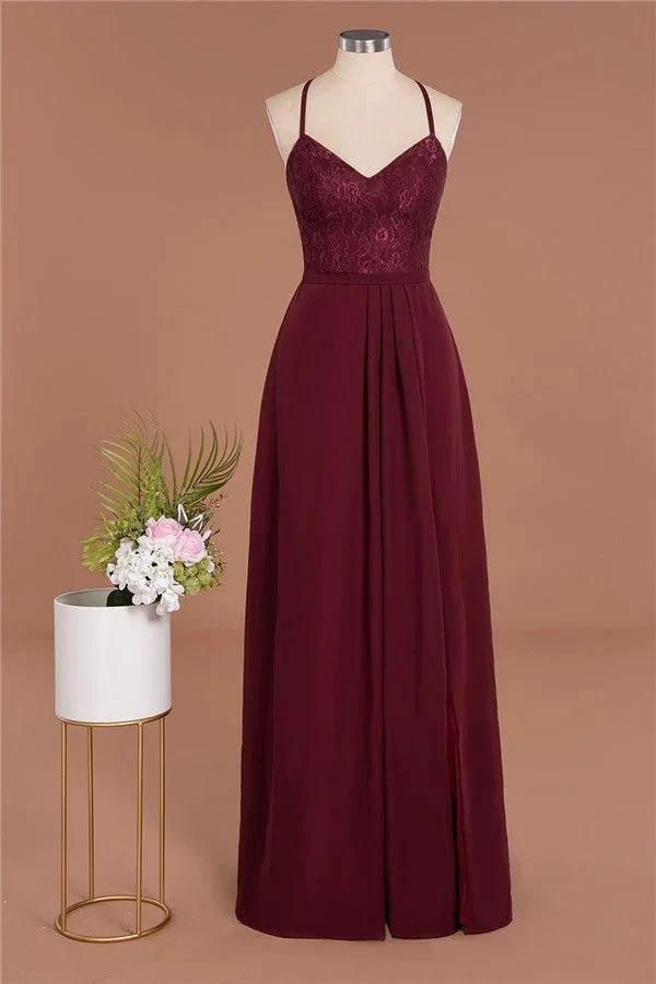 Lace Spaghetti Straps Prom Dresses | A-Line Sleeveless Side Split Evening Dresses by misshow.com