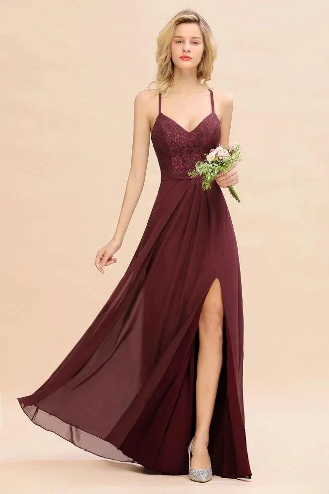 Lace Spaghetti Straps Prom Dresses | A-Line Sleeveless Side Split Evening Dresses by misshow.com